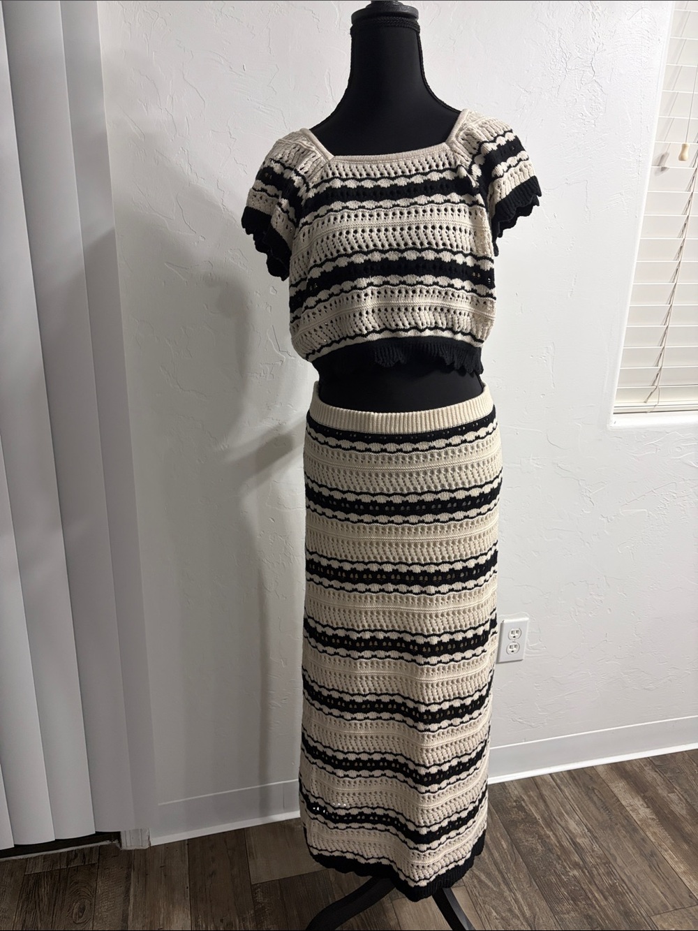 Women's Black and Cream Striped Crochet Maxi Skirt